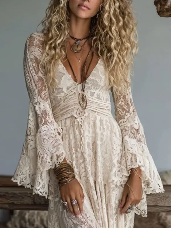 Lace Deep V Neck Maxi Dress