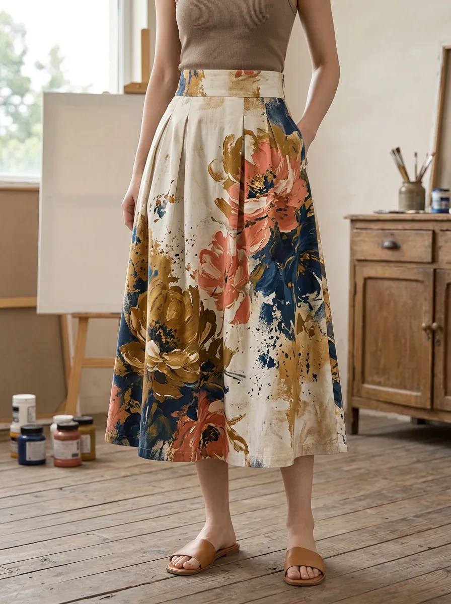 Women's Artistic Floral Print Pleated Midi Skirt