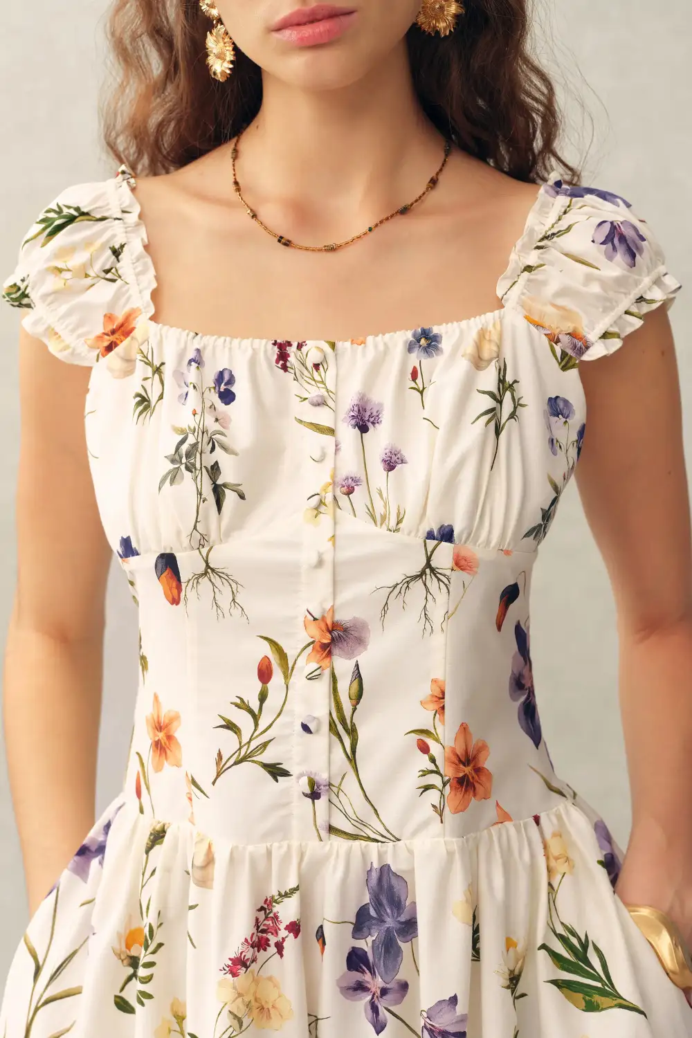 Sleeveless Ruffled Hand-Painted Silk Cotton Midi Dress