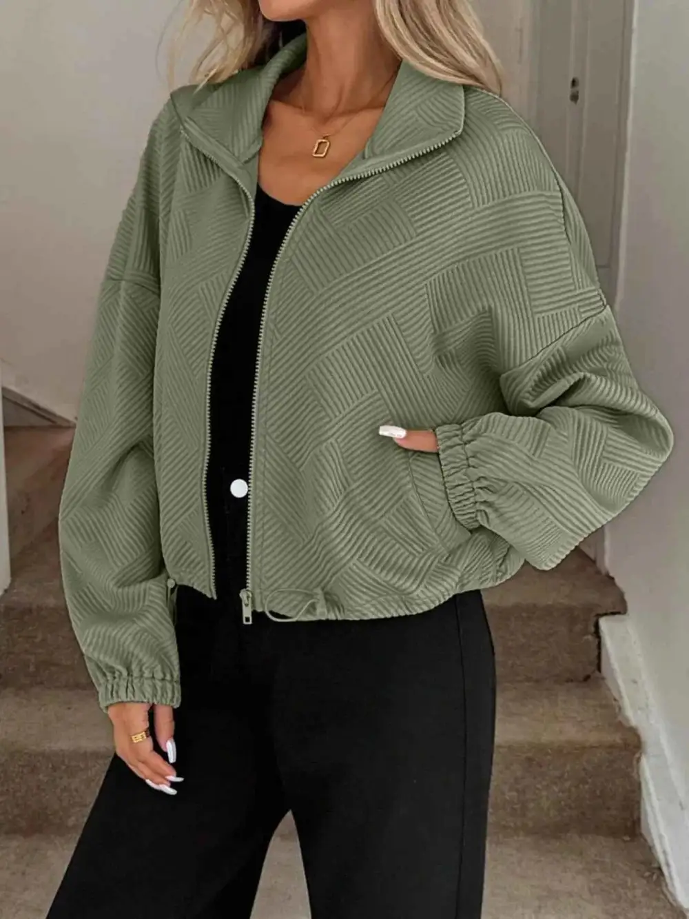 Drawstring Hem Textured Long Sleeve Jacket