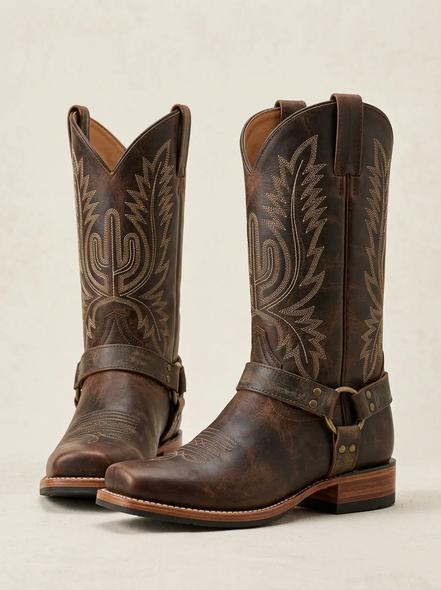 Men's Western Cowboy Cactus Embroidered Leather Boots