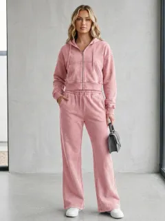 Women's Acid Wash Sport Inspired Cropped Hooded Jacket and Flare Pants Active Set