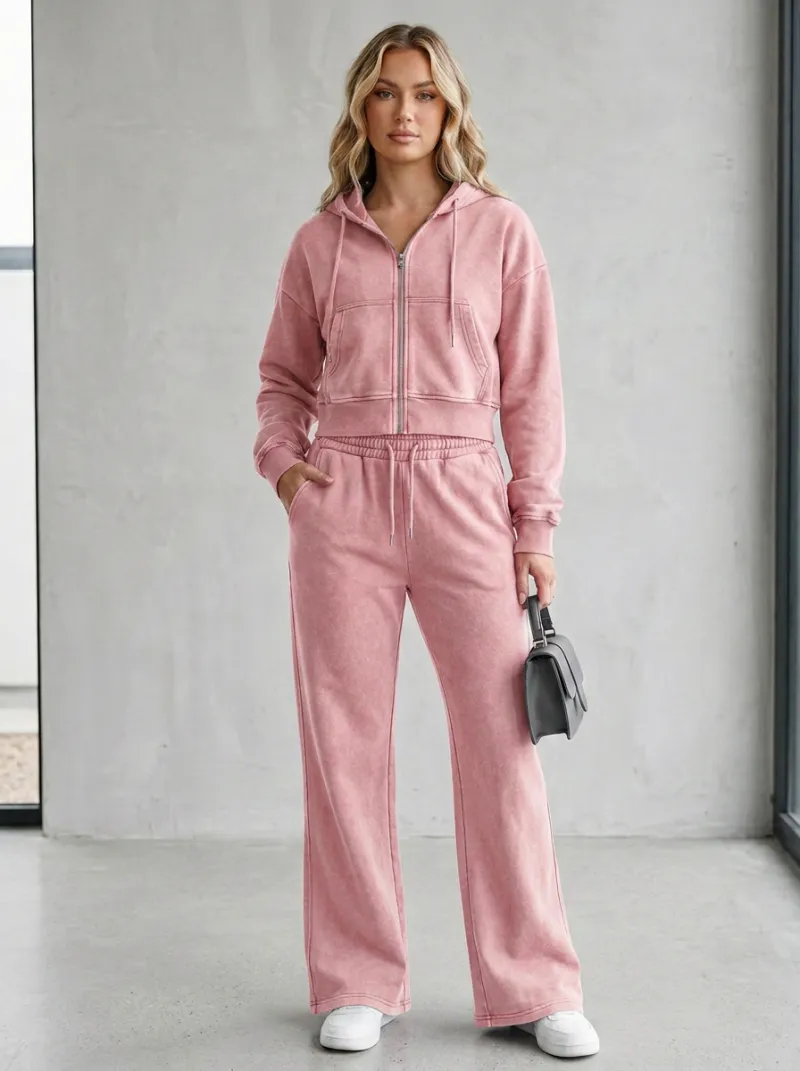 Women's Acid Wash Sport Inspired Cropped Hooded Jacket and Flare Pants Active Set