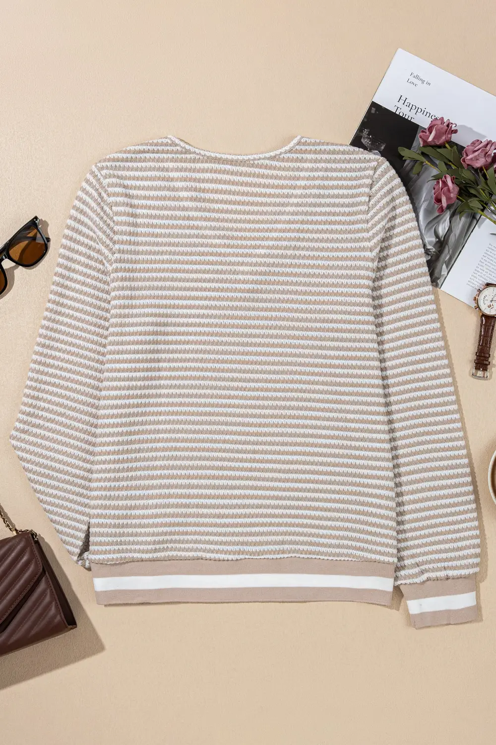 Women's Striped Textured Knit V Neck Top