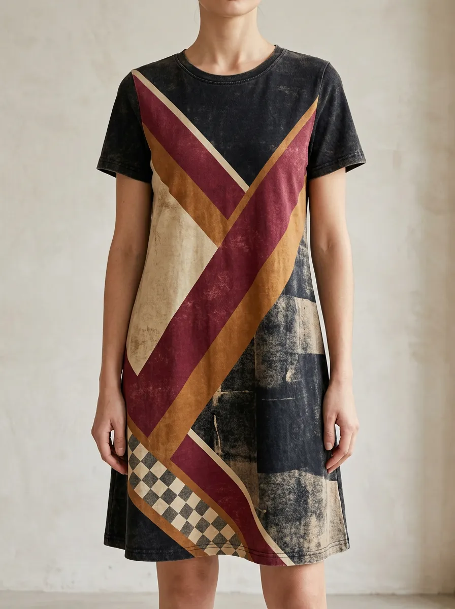 Women's Mini Geometric Print Crew Neck T-Shirt Dress