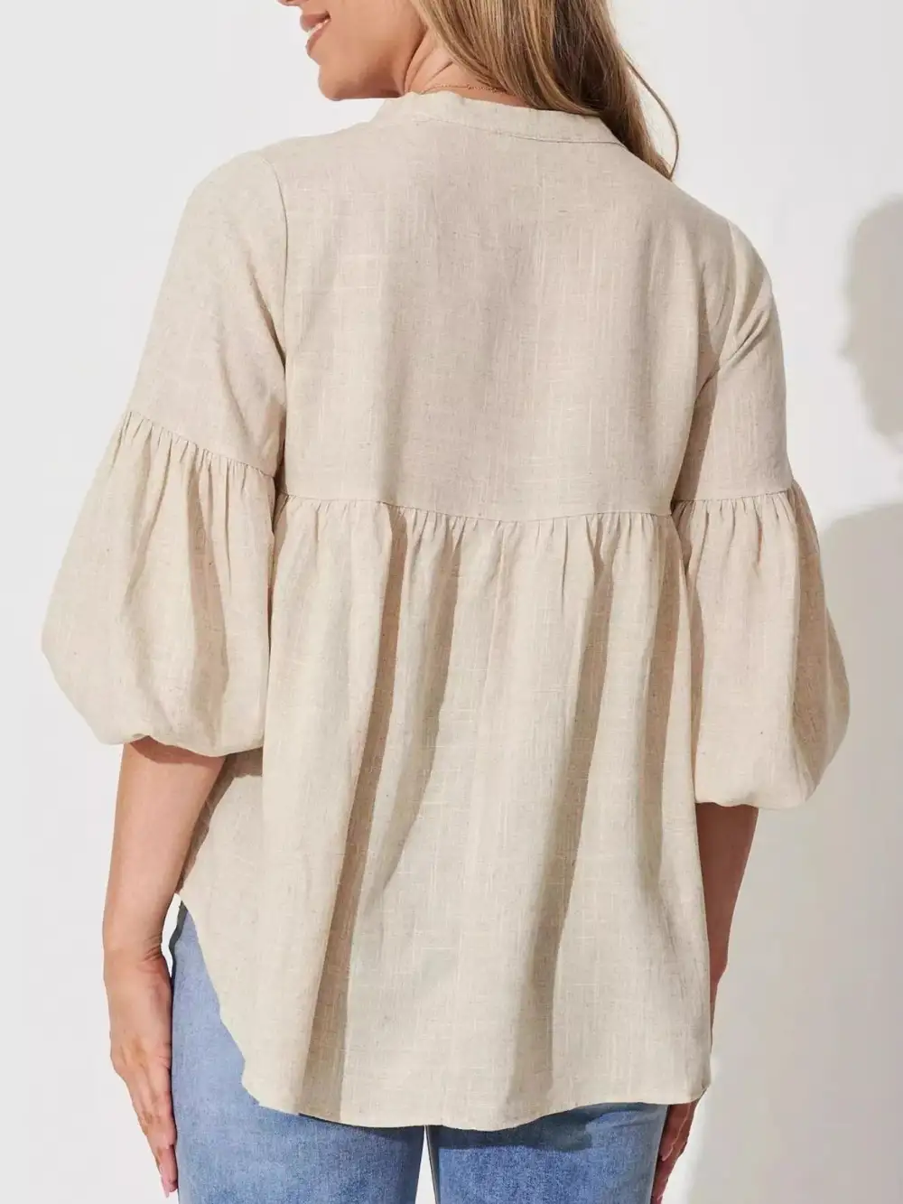 Notched-Neck Balloon-Sleeve Blouse