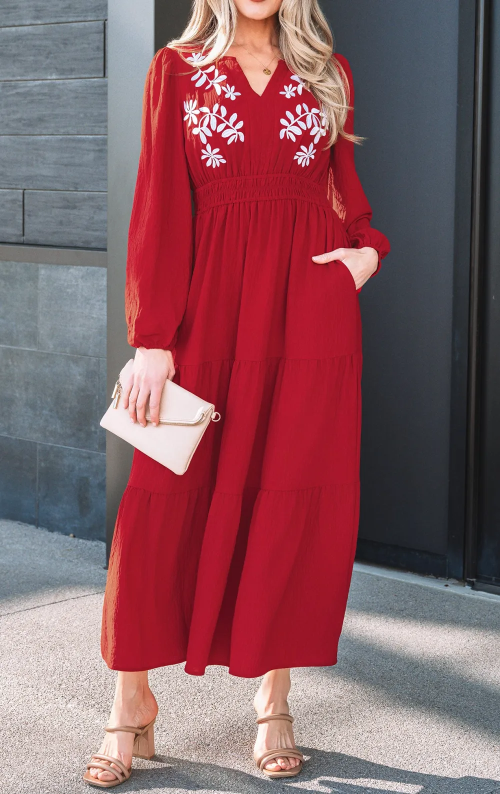 Contrast Embroidered Detail Cinched Waist Tiered Long Sleeve Maxi Dress