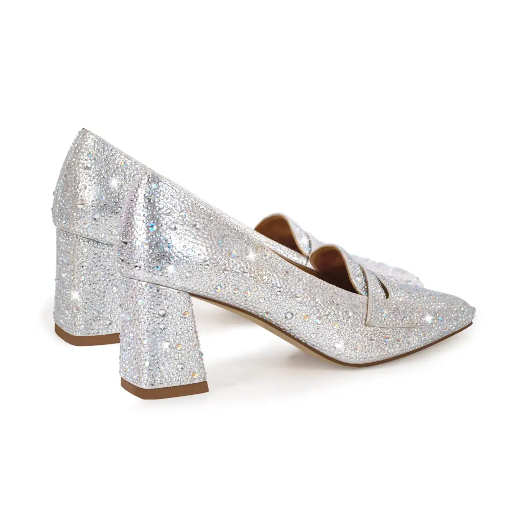 Rhinestone Square Toe Chunky Heel Pumps