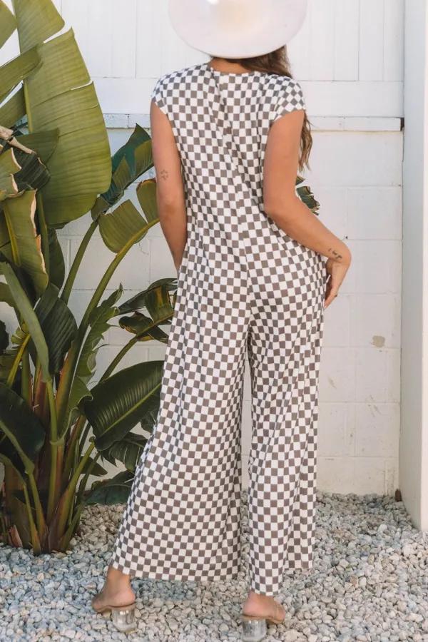 Checkered Crew Neck Wide Leg Jumpsuit