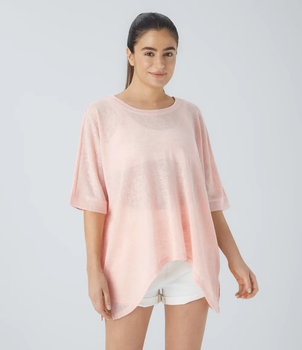 Asymmetric Split Hem Sheer Oversize Casual Top
