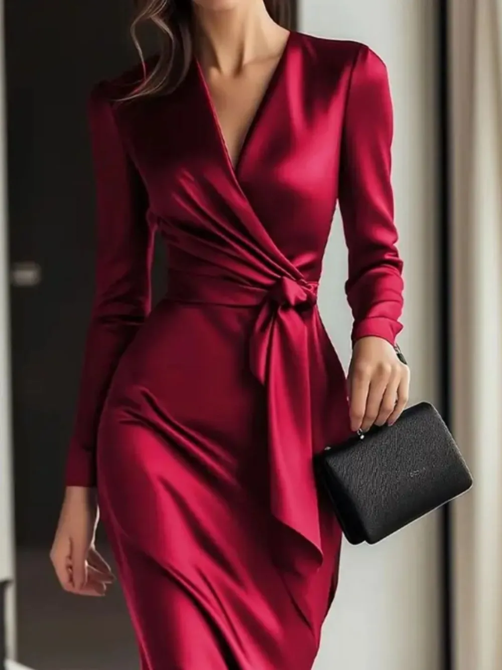 Satin Tie Waist Long Sleeve Dress Casual