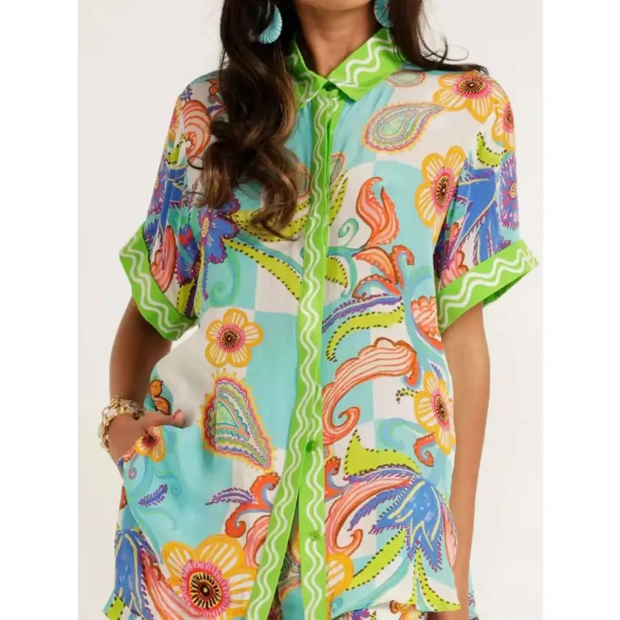 Lightweight Printed Button Up Shirt and Shorts Set