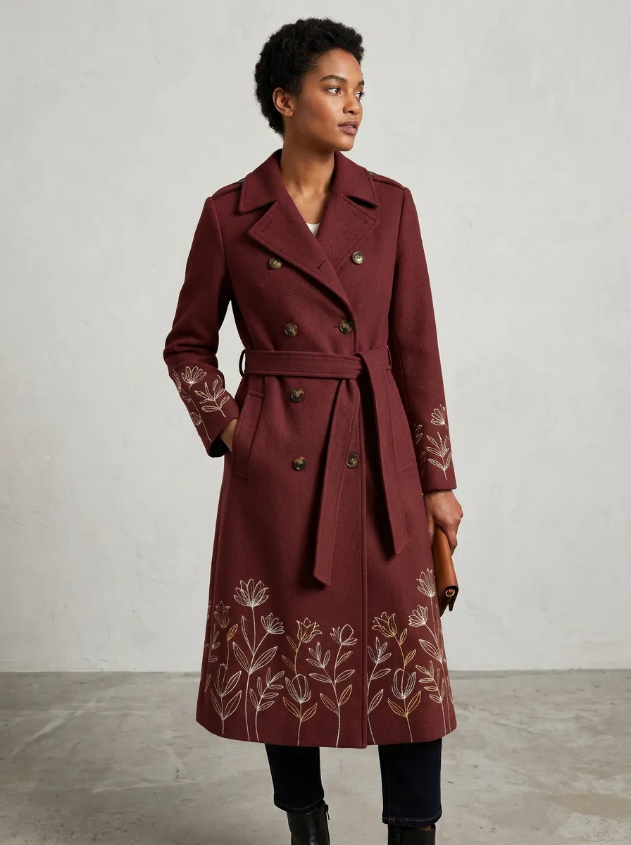 Women's Floral White Line-Art Pattern Trench Coat