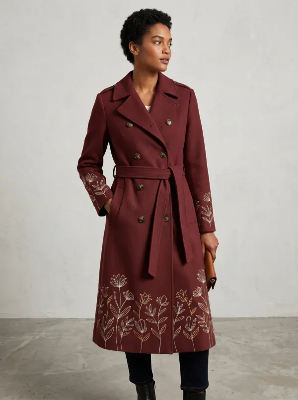 Women's Floral White Line-Art Pattern Trench Coat