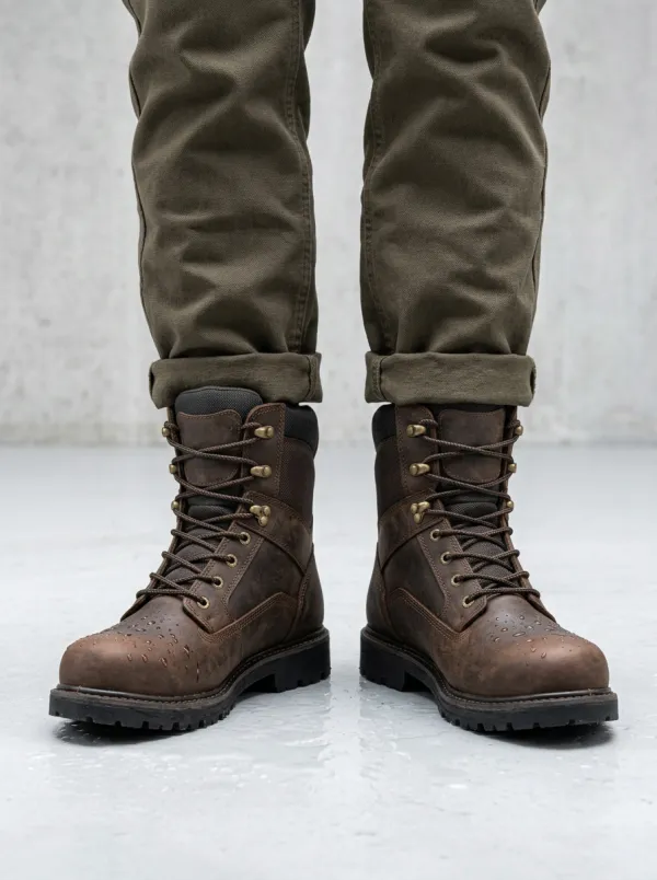 Unisex Brown Leather Waterproof Lace-up Work Boots