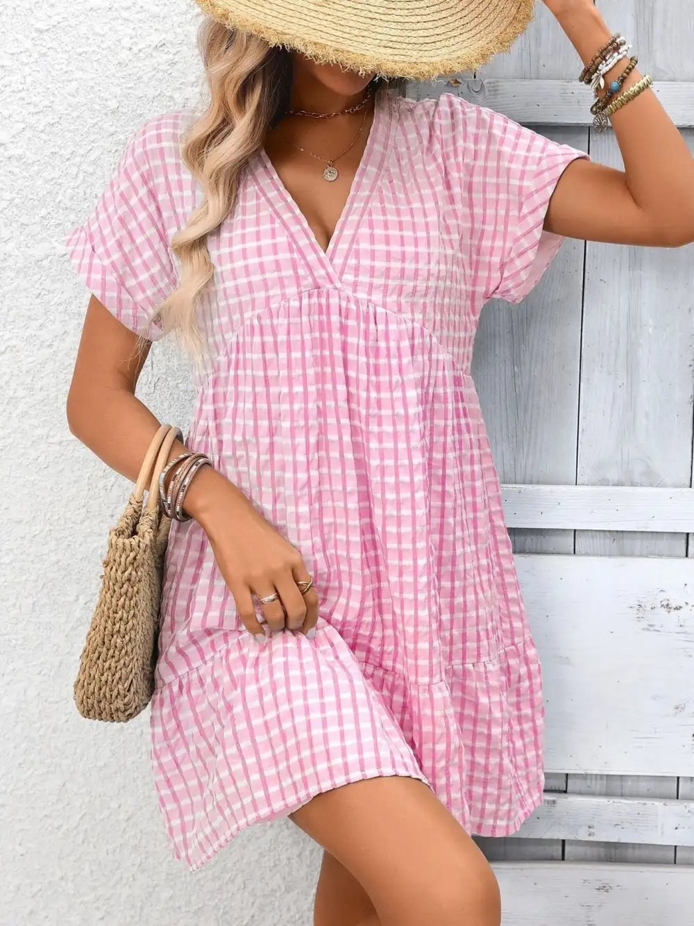 Modern V Neck Ruffle Mini Dress