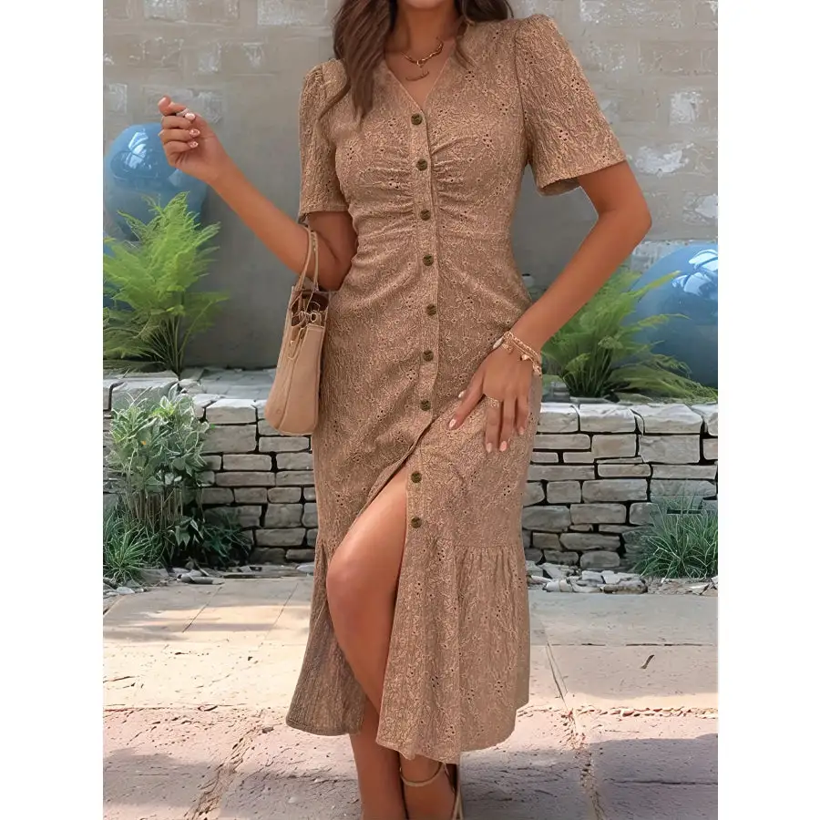 Eyelet Button Front V-Neck Midi Dress