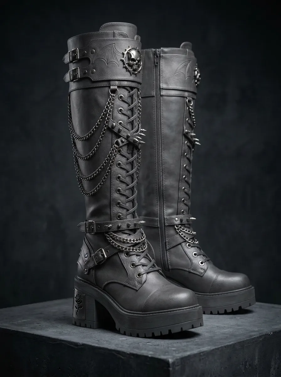 Midnight Skull Rose Chain Style Women's Gothic Platform Knee High Boots
