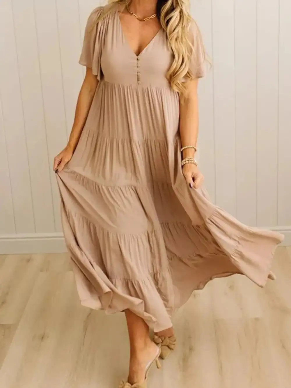 V Neck Tiered Midi Dress