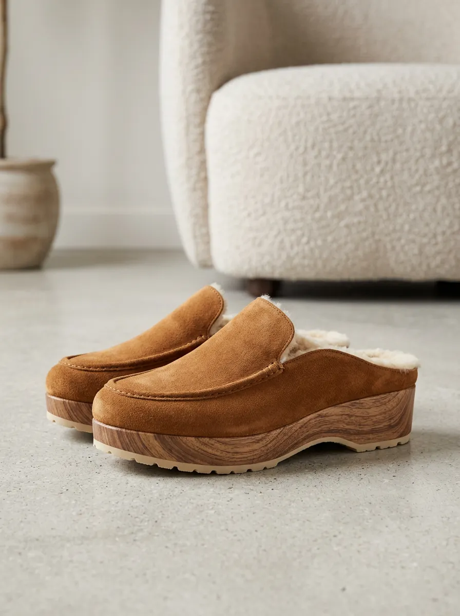 Faux Fur Lined Suede Wood Platform Loafers