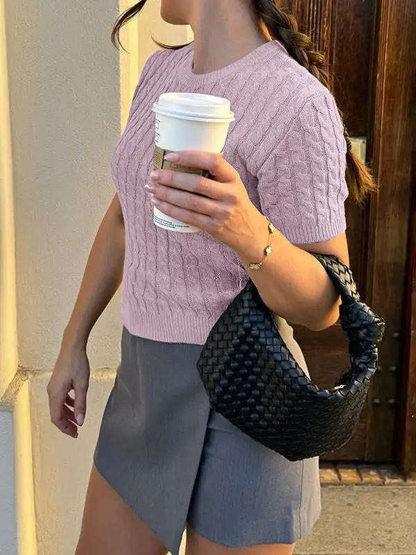 Paneled Round Neck Short Sleeve Pullover Sweater