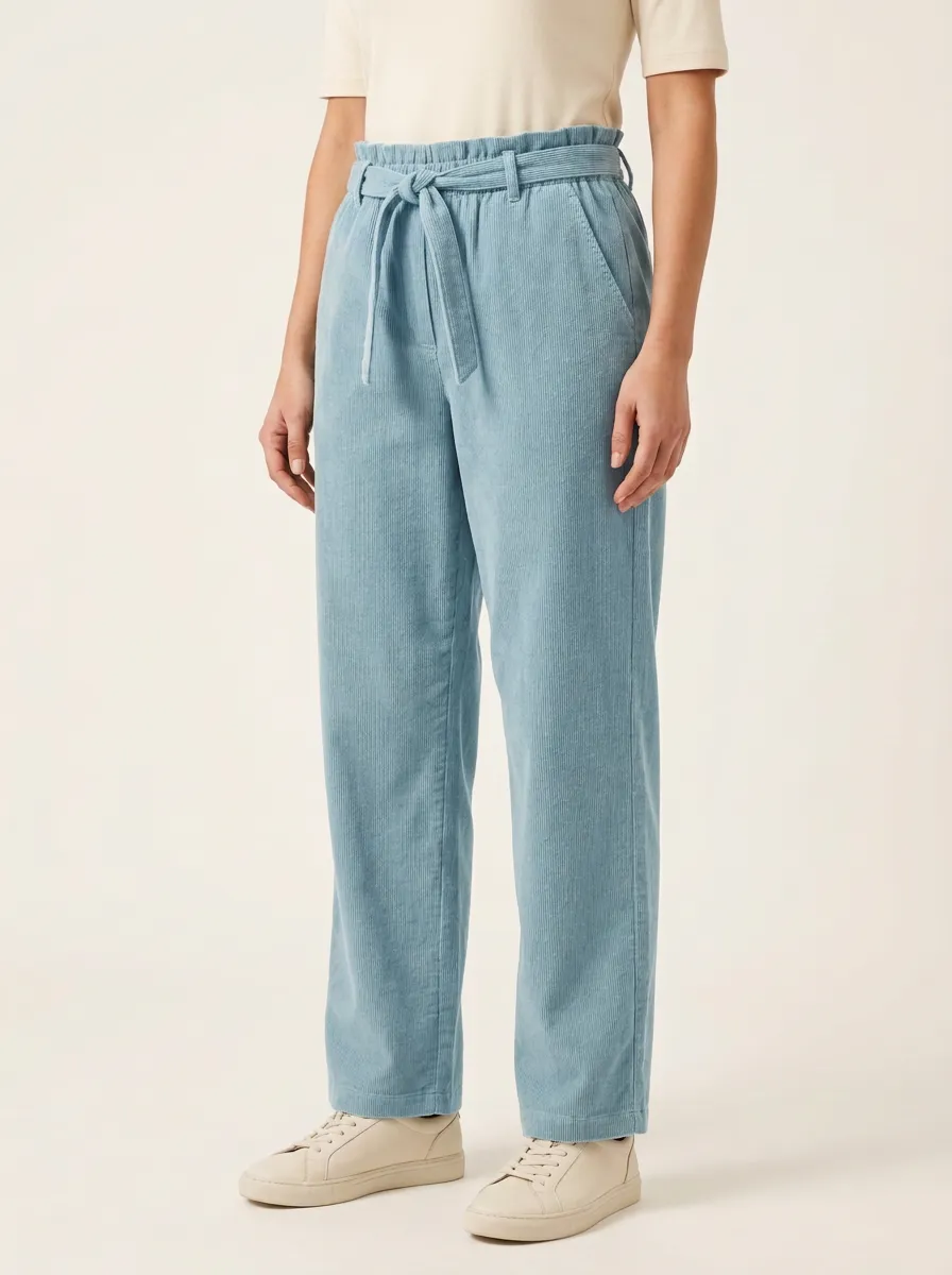 Women's Paperbag-Waist Tie-Front Straight-Leg Corduroy Pants