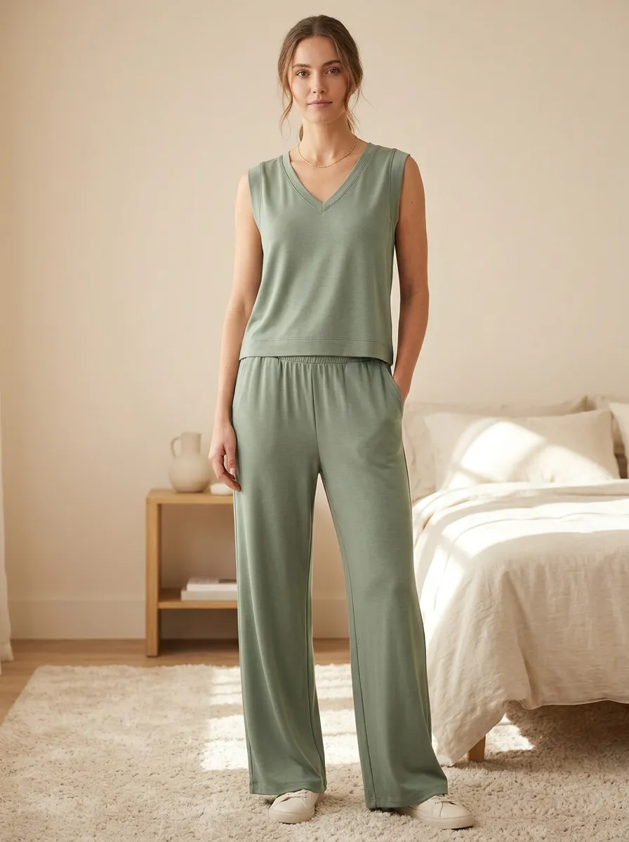 Side Pockets V-Neck Sleeveless Lounge Set