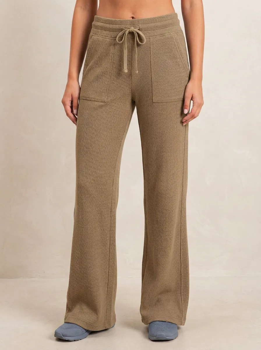 Women's Casual Lounge Waffle Knit Drawstring Wide Leg Pants