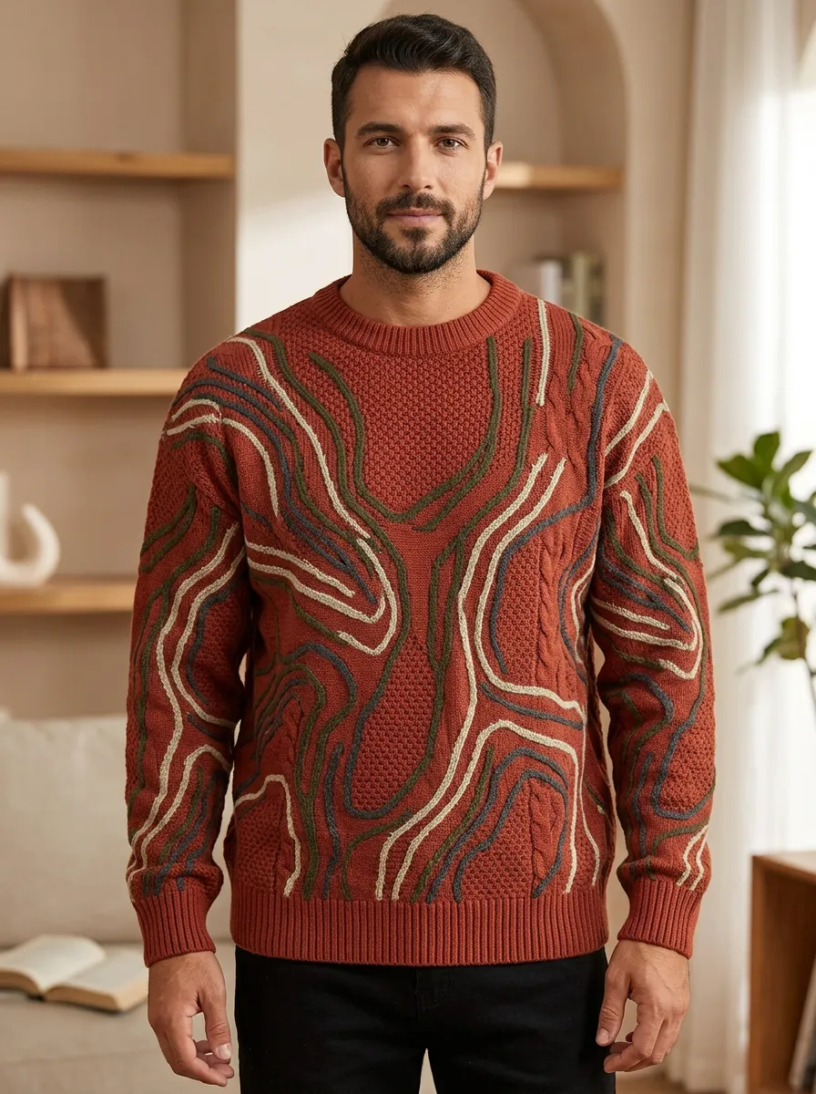 Men's Abstract Wavy Line Sweater