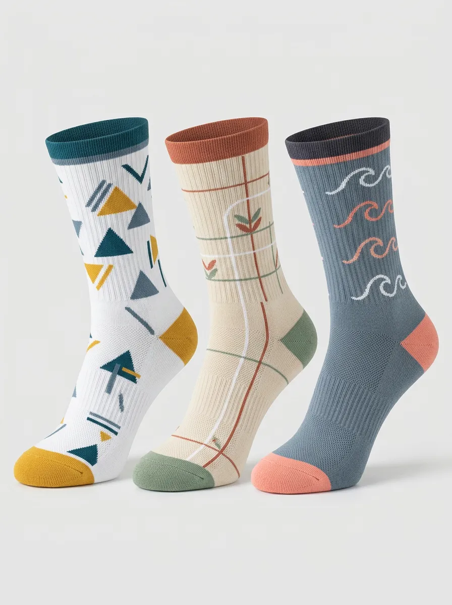 Geometric Ocean 3-Pair Mid-Calf Athletic Socks