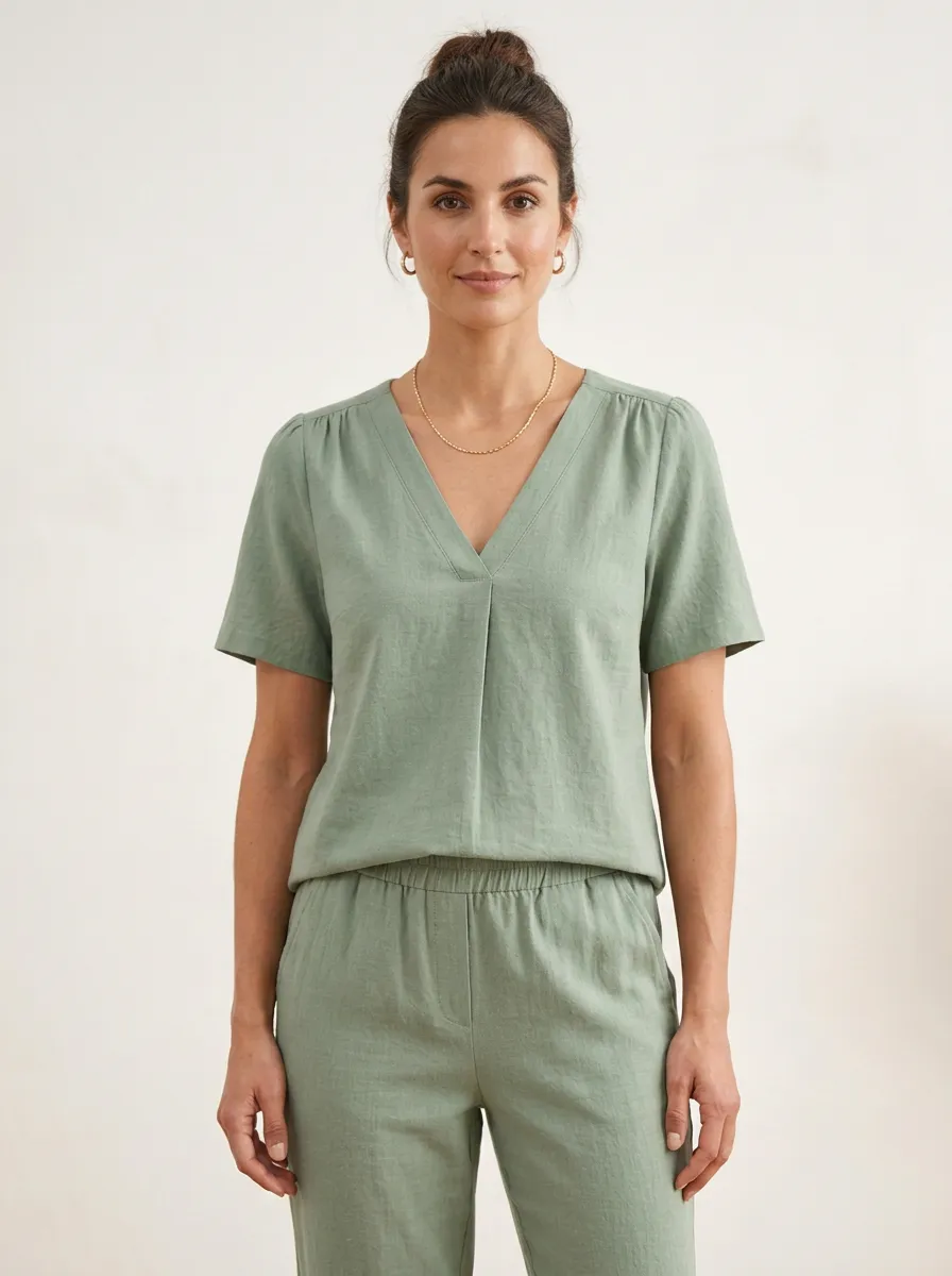 Short-Sleeve Pleated Relaxed Women's V-Neck Casual Lounge Set