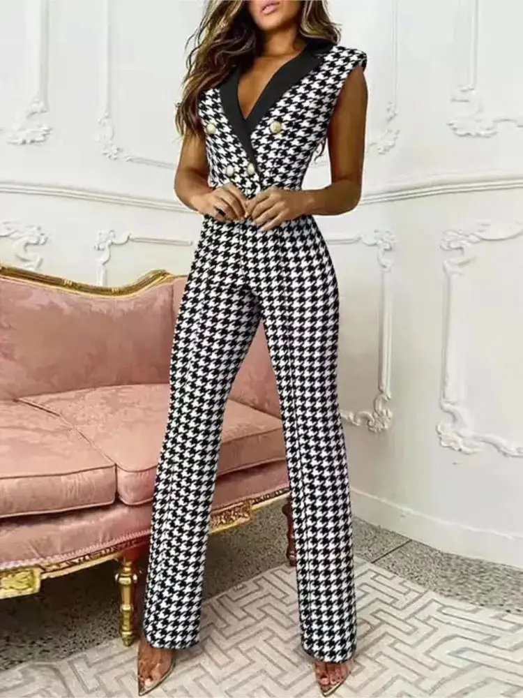 Graphic Plaid-Pattern Jumpsuit