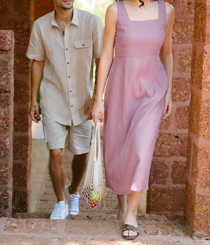 Dusty Pink Linen Square-Neck Midi Dress