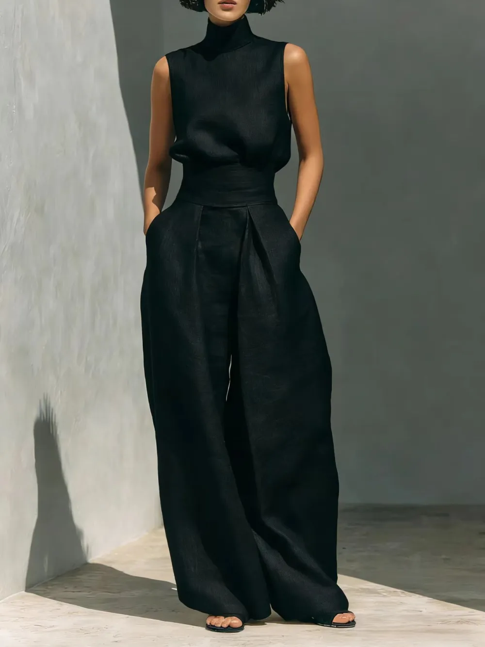 Classic Wide-Leg Sleeveless Linen Women's Matching Set