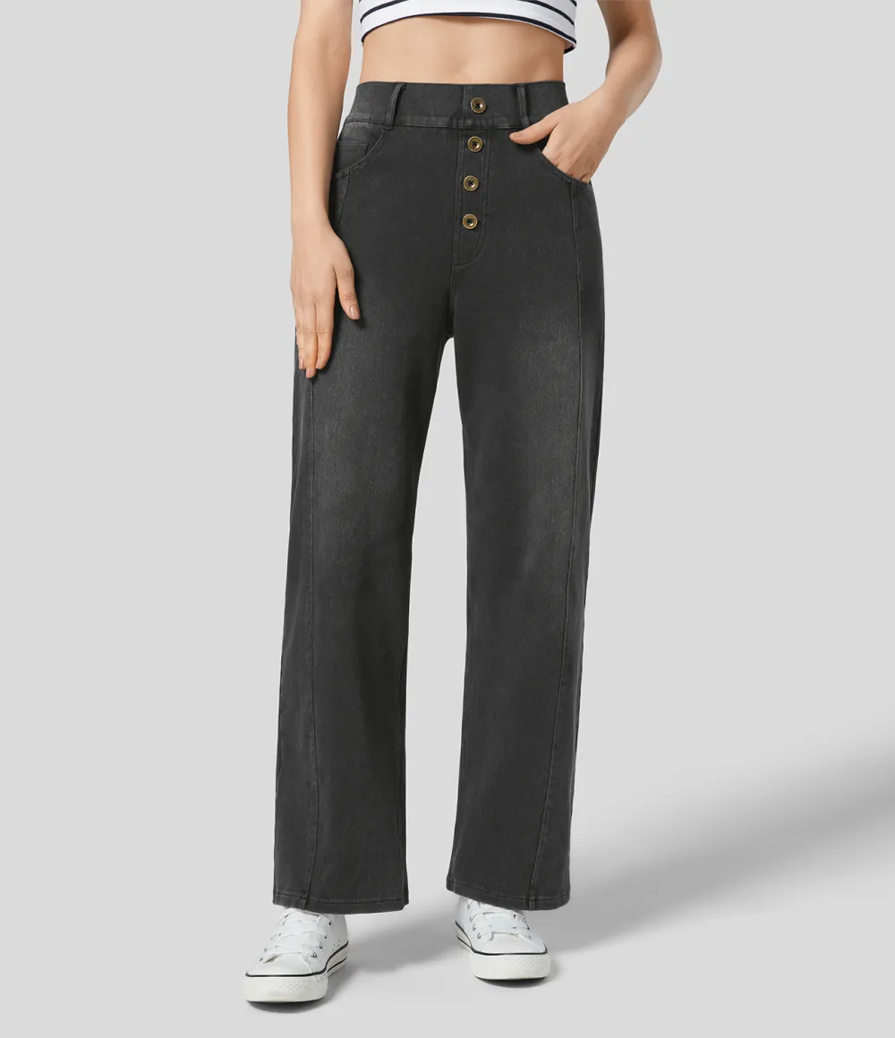 Magic High Waisted Decorative Button Multiple Pockets Straight Leg Stretchy Knit Casual Boyfriend Jeans