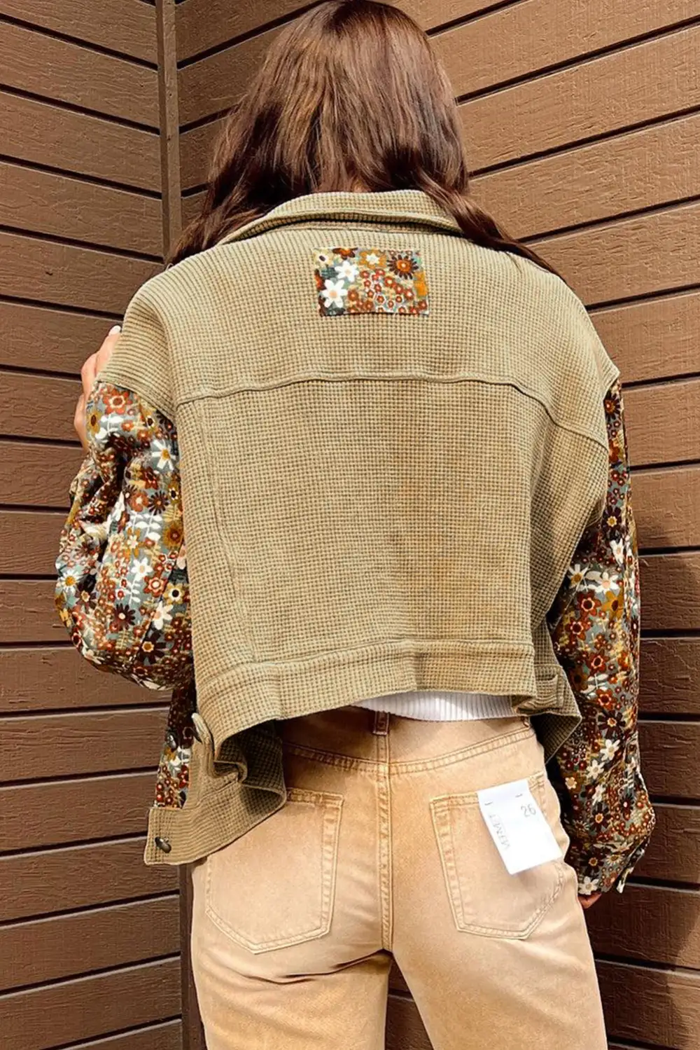 Collared Waffle-Knit Textured Floral-Print Jacket