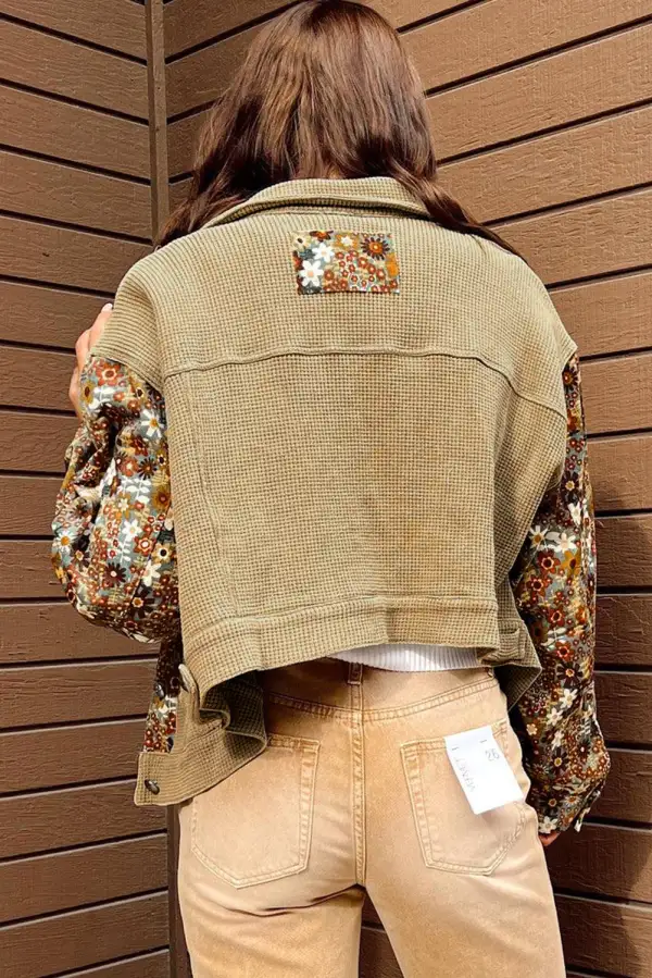 Collared Waffle-Knit Textured Floral-Print Jacket
