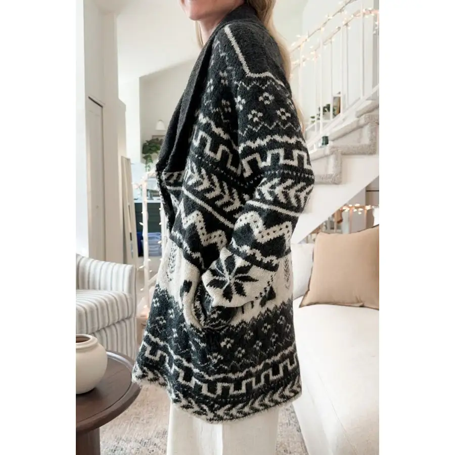 Snowflakes Collared Neck Long Sleeve Cardigan