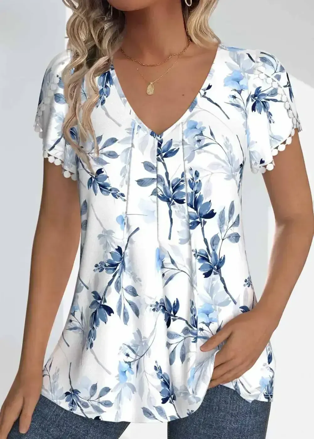 White Tuck Stitch Floral Print Short Sleeve T Shirt