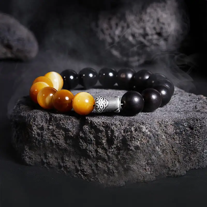 Sterling Silver Ebony Tiger Eye Obsidian Relax Bracelet