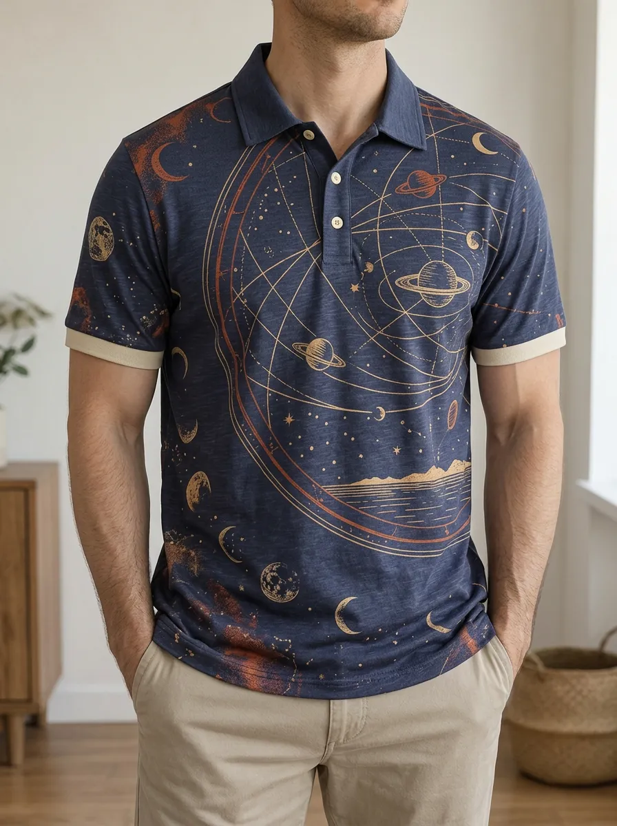 Men's Astronomy Lover Solar System Planets Printed Polo Shirt Everyday Casual Style