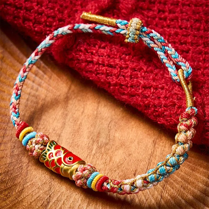 Hand Woven Peach Blossom Koi Fish Rope Bracelet