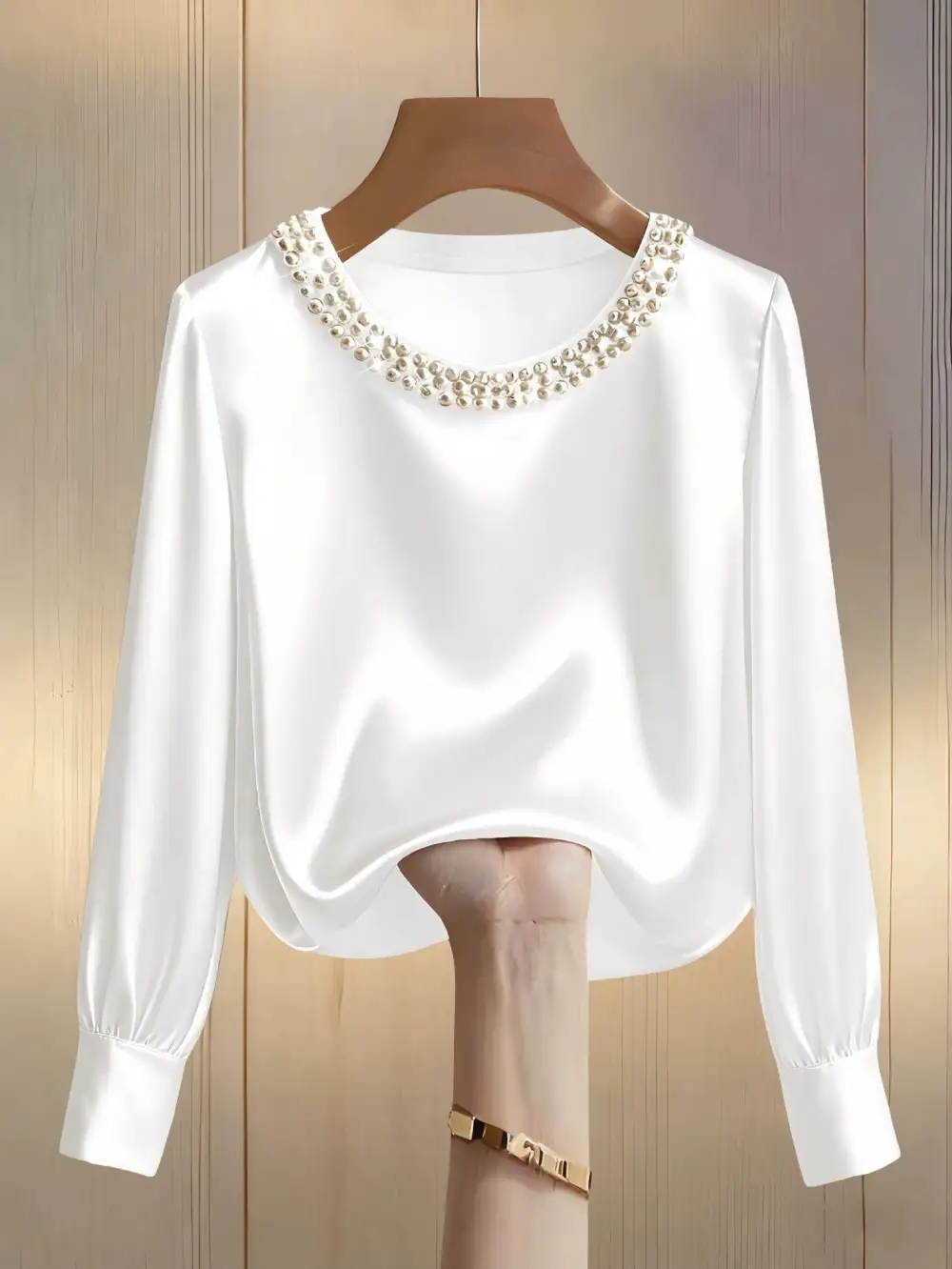 Pearl Trim Round Neck Silk Blouse
