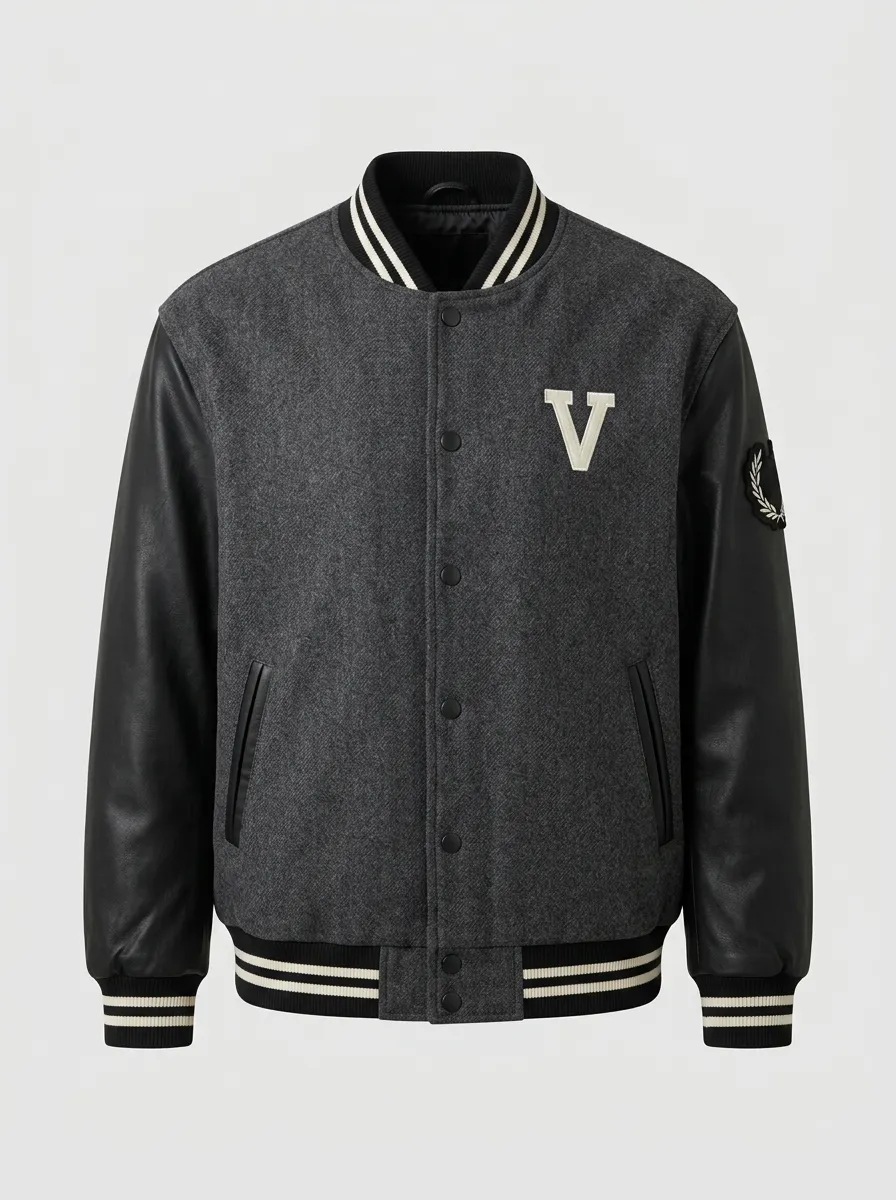 Men's Letter V Leather-Sleeve Wool Baseball Jacket