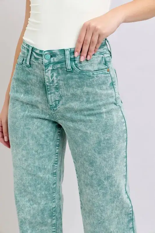 High Waist Garment Dyed Raw Hem Denim Jeans