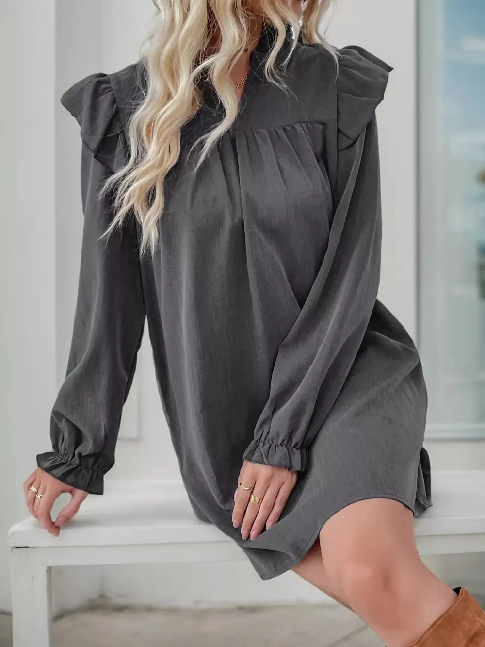Smooth Finish Ruffle Long Sleeve Dress