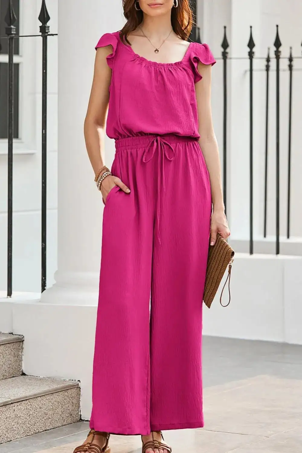 Ruffled Cap Sleeve Wide Leg Jumpsuit Accessory
