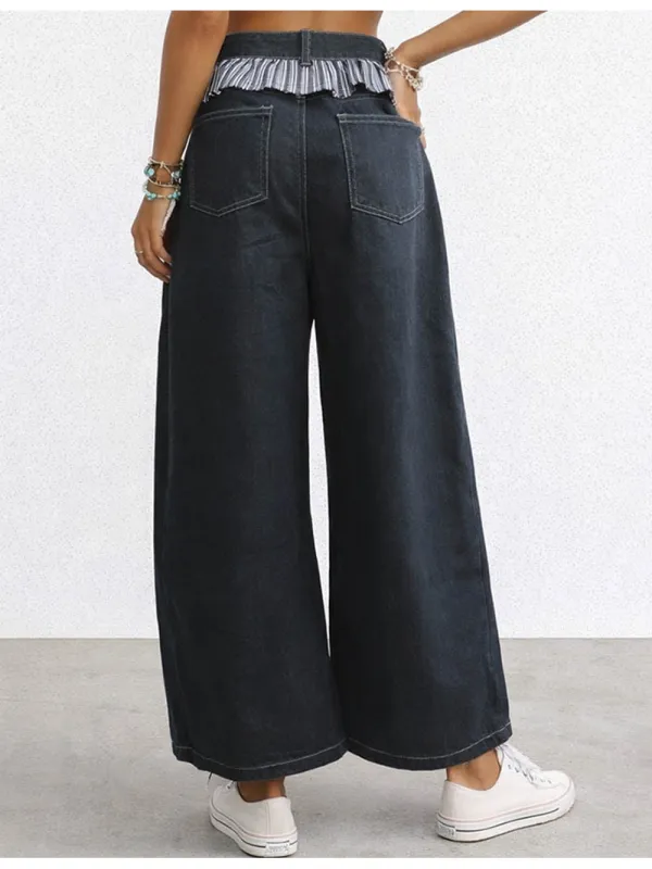 Checked Panel Button Pocket Barrel Leg Denim Pants