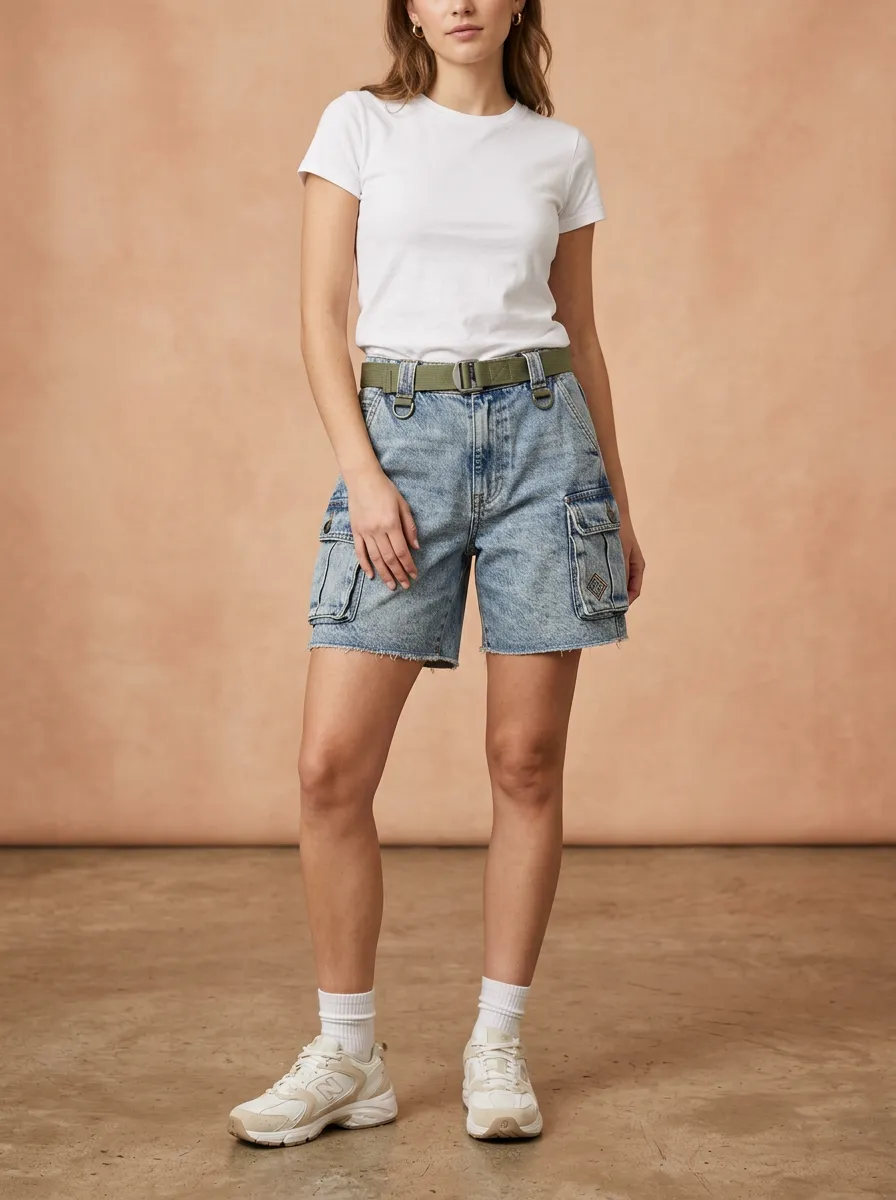 Women's Acid Wash Cargo Pocket Denim Shorts