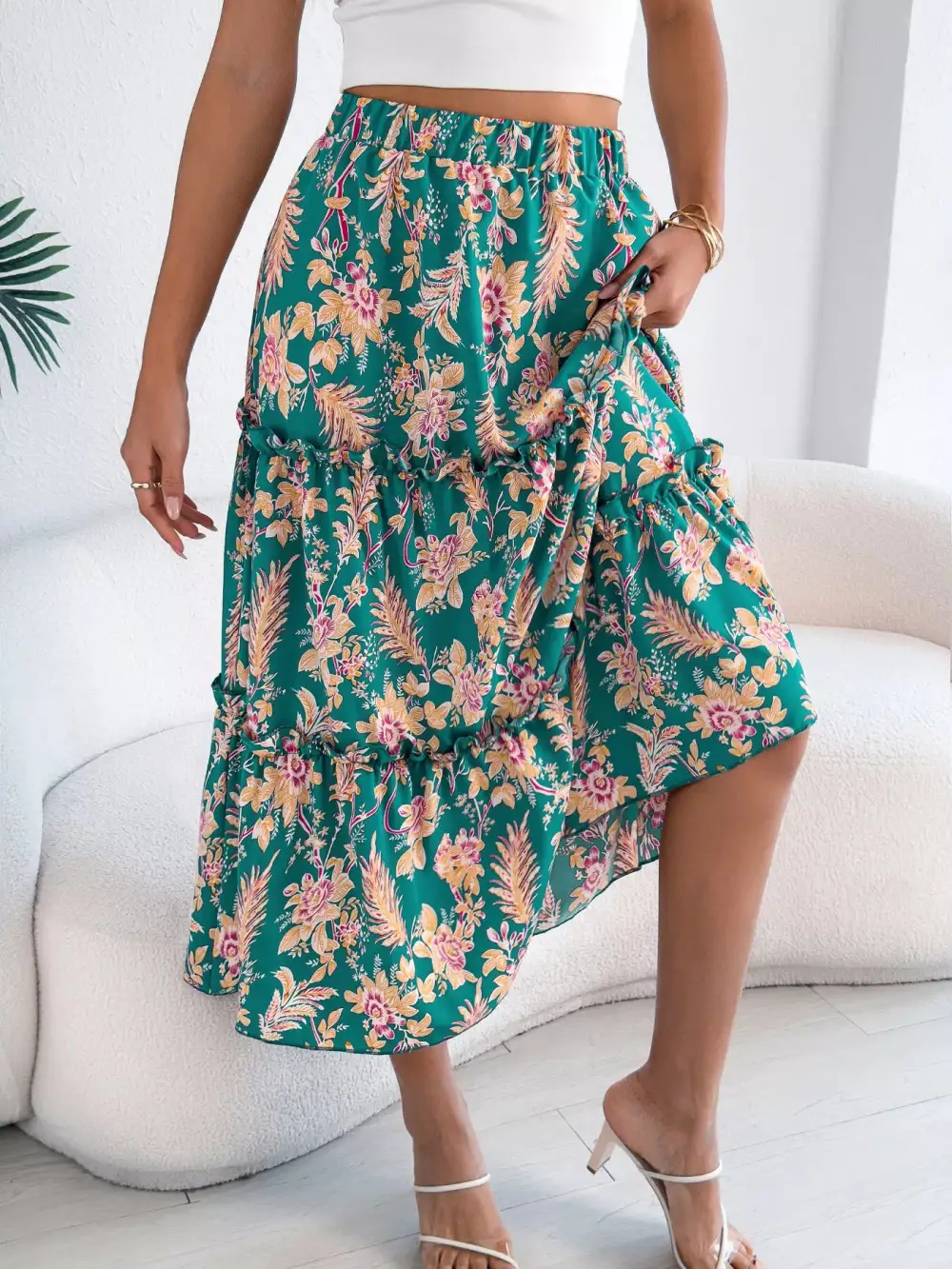 Print Ruffle Hem Flowy Midi Skirt